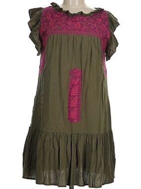 J. Marie Olive Green Ruffled Dress with Fuchsia Embroidery Medium